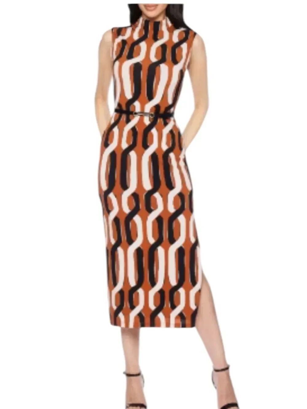 Premier Amour Sleeveless Geo-Chain Maxi Dress in Rust and Black 6 NWT